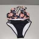 Fanuerg Women's Sexy V Neck Bikini Sets Hollow Out Two Piece Swimsuits Cutout Mid Waist Bathing Suit (Black Floral), S