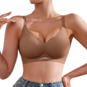 DEANGELMON Scalloped V Neck Wireless Bras for Women Seamless No Underwire Full Coverage Push Up Bras Soft Comfort Bralettes(Coffee,S) (Brown, S)
