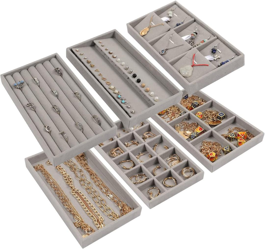 STYLIFING 6 Pack Jewelry Organizer Trays, Velvet Jewelry Tray Stackable Jewelry Display Case for Dresser Drawer Insert, Ring Earing Necklace Bracelet Holder