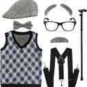 EFORLED Kids 100 Days of School Costume for Boys - Halloween Old Man Costume Hat, Glasses and Grandpa Vest Set for Child, LightGrey (Medium(8-10yr))