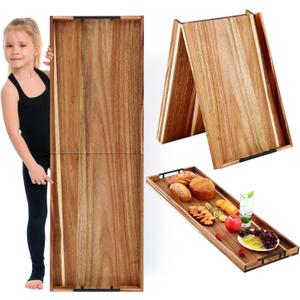 Teenyyou 36"x 12" Extra Large Ottoman Tray with Handle Acacia Wooden Charcuterie Board Serving Cheese Boards Tray Oversized Coffee Table Rectangle Supplies for Tea Kitchen Food Beverage Fruit Snack