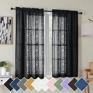 Simplebrand Black Semi Sheer Curtains 45 Inch Length 2 Panels, Geometric Jacquard Clip Textured Short Sheer Curtains for BedroomModern Elegant Window Curtains Drapes/Treatment Sheer42x45 inch