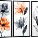 iKNOW FOTO Calla Lily Poppy Flower X-Ray Botanical Wall Art with Black Frame Set of 3 Nature Wilderness Minimalist Canvas Black and Orange Floral Prints for Bedroom Each 8x16''