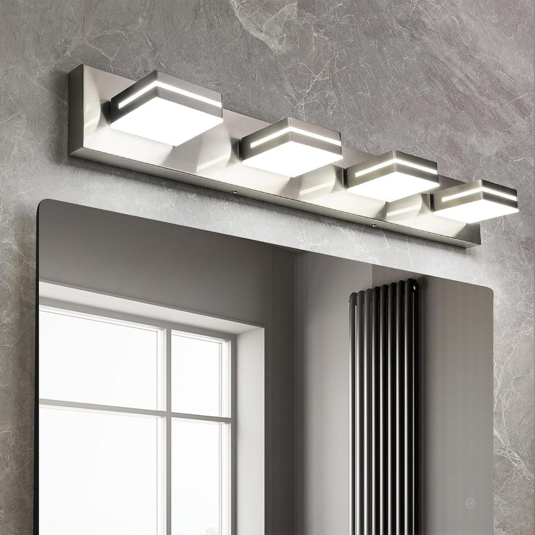 OKELI 4 Light Bathroom Vanity Light Brushed Nickel Modern 32W LED Dimmable Vanity Light Over Mirror 350° Adjustable Lamp Head Cold White 6000K ETL Listed 30Inch