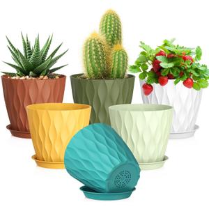 5 inch Plant Pots for Indoor Outdoor Plants, 6 Pack Thick Nursery Pots with Drainage Holes and Saucers, 3D Modern Wave Texture Small Plastic Planter Flower Pots, Multicolor (Colorful)