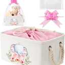 Pickmesh Baby Shower Storage Basket with Gift Bags Rectangular Ribbons Collapsible Canvas Storage Bin with Handles for Diaper Organizing Toy Home DIY Gift Basket, 13 x 9. 1 x 7. 1 Inch (Pink Elephant)