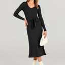 ANRABESS Womens Long Sleeve Fall Dress 2025 V Neck A-line Tie Waist Ribbed Knit Bodycon Midi Sweater Dresses Black Medium (Black, M)