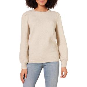 Amazon Essentials Women's Soft Touch Pleated Shoulder Crewneck Sweater (Medium, Beige)