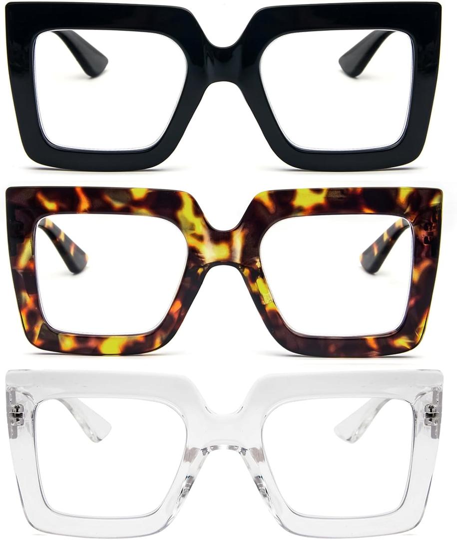 REAVEE 3 Pack Oversized Reading Glasses for Women Large Frame Extra Wide, Blue Light Blocking Stylish Thick Square Readers (Black + Leopard + Clear)