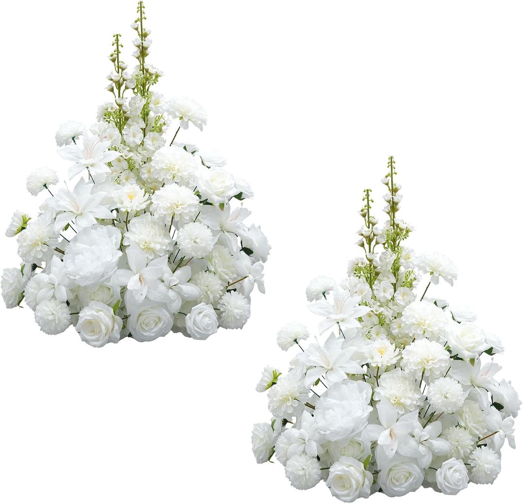 2pcs 19'' White Rose Free Standing Flowers Ball Bouquet Artificial Rose Arrangements Balls for Wedding Centerpieces Tables Chair Aisle Runner Flower Decor