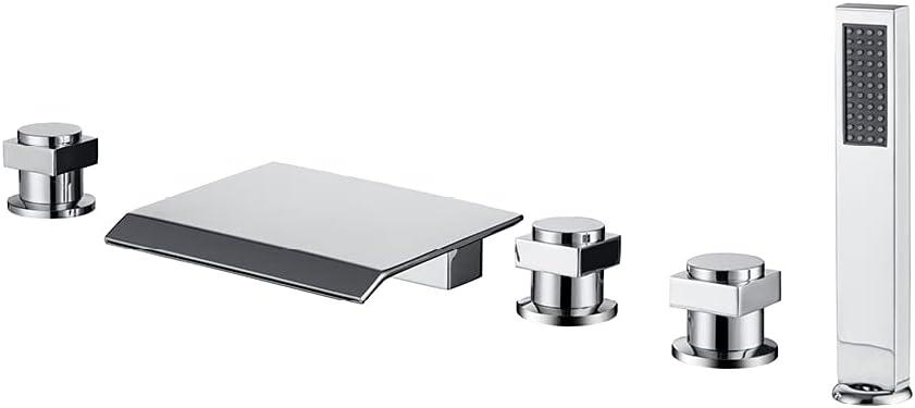 Roman Bathtub Faucet Set with Sprayer 5 Hole Waterfall Bathroom Tub Faucet Set Widespread Tub Filler Faucet Deck Mounted Bathtub Faucet Set with Valves, Chrome