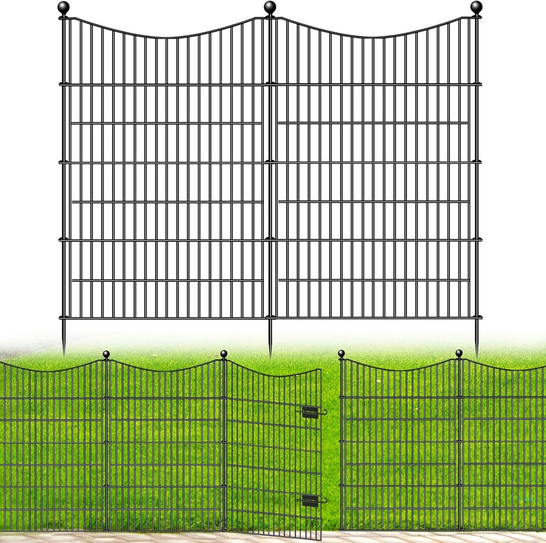 8 Panels Decorative Garden Fence with Gate, 48 in(H) X 21 ft(L) No Dig Dog Fence Animal Barrier Outdoor for Yard, Rustproof Metal Garden Edging and Borders, Temporary Fencing Stakes