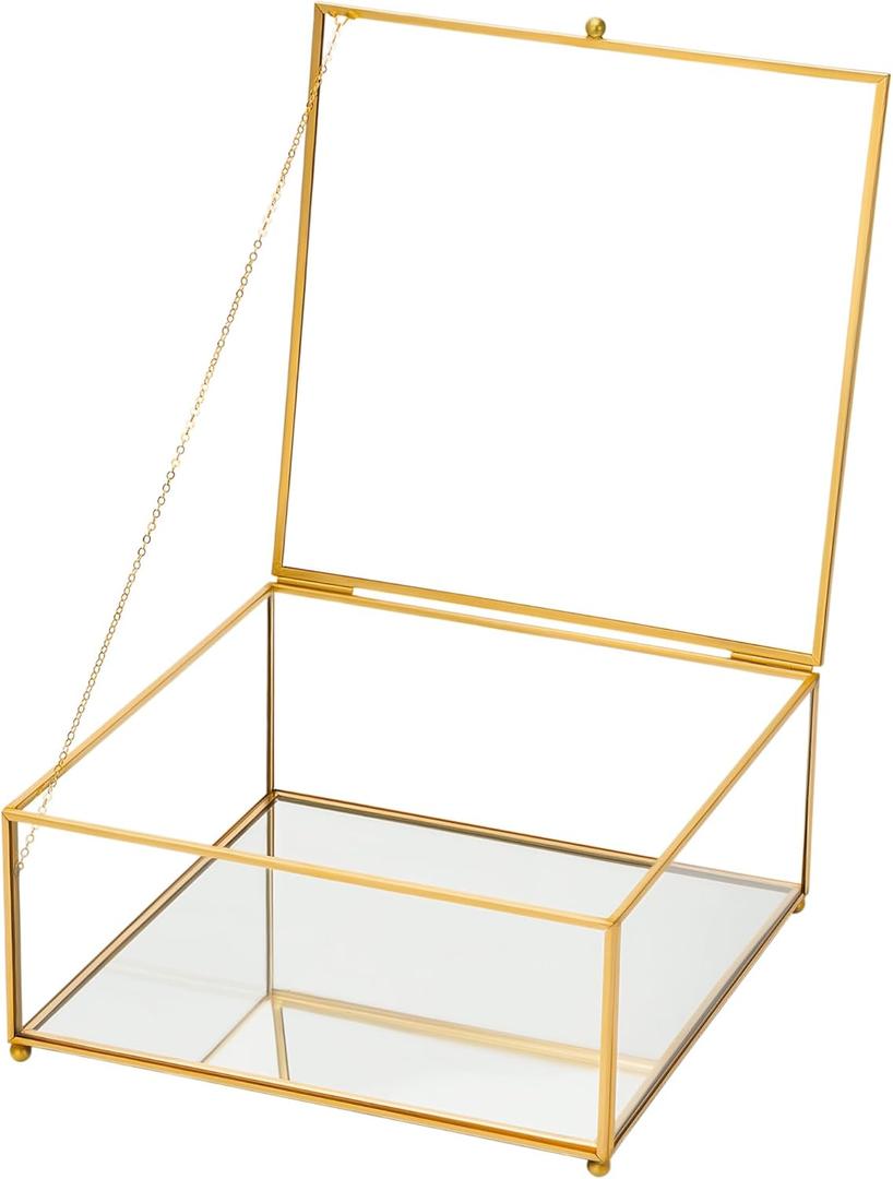 Square Glass Display Box with Lid Handmade, Mirrored Bottom, Geometric Jewelry Box for Display, Brass & HD-Glass for Jewelry Trinket Book Photo, Keepsake Organizer, Home Decor, Gold (High: 8.9"L  8.9"W  3.7"H)