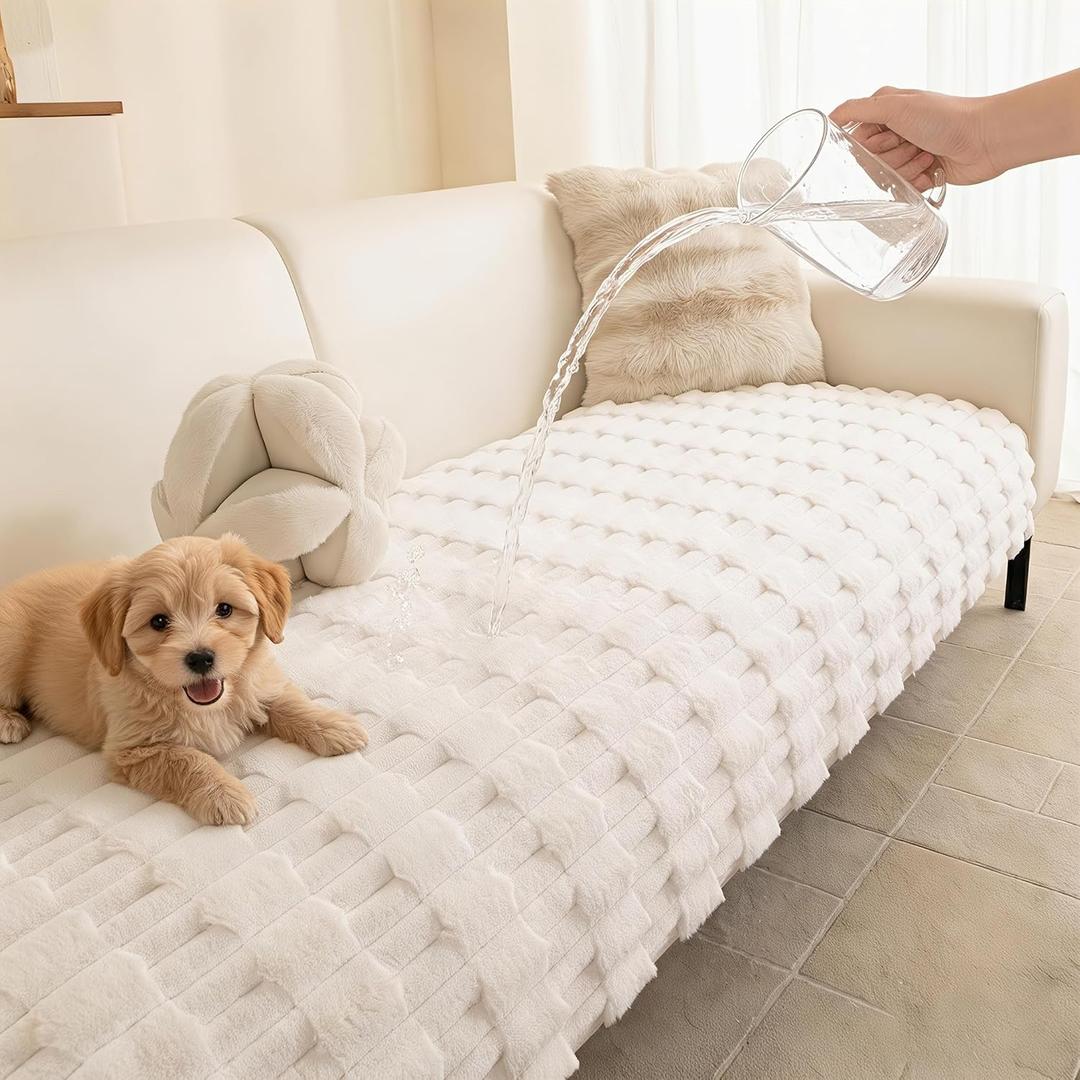 MYSKY HOME 100% Waterproof Couch Cover for Dogs, Plush Pet Couch Covers for Sofa Washable, Couch Covers for 3 Cushion Sofa Pet Friendly, Non-Slip Durable Sofa Cover Slipcover Protector, Cream, 35"x83"