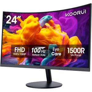KOORUI 24 inch Curved Monitor, Full HD 1080P Curved Computer Monitor, 100Hz 1500R PC Screen, TV Rheinland Certified, HDMI VGA, Tilt Adjustment, LCD Display, Eye Care, Black 24N5CA