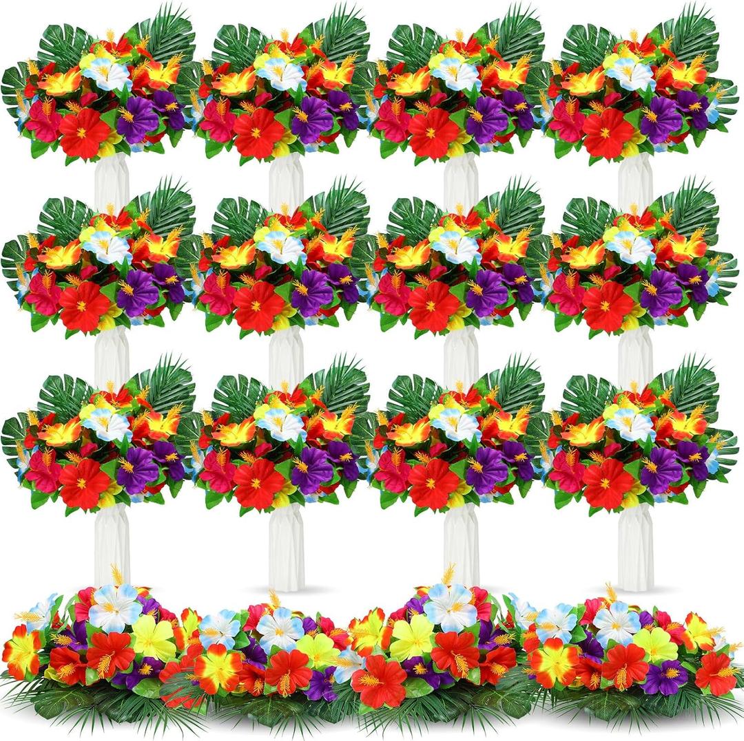 Hotop 36 Pcs Hawaiian Flower Centerpieces for Tables with Artificial Hibiscus Flowers and Artificial Palm Leaves Hawaiian Party Decorations Fake Tropical Flowers for Wedding Birthday Supplies