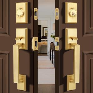 Double Front Door Lock Set, Square Heavy Duty Double Door Handle with Dummy, Entry Handleset with Deadbolt Combo, Double Door Lock Set for Front or Office Doors, Satin Brass