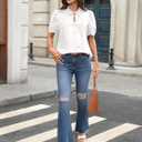 Women's 100% Linen Button Tops Short Sleeve Ruched Collar Neck Tie Front Button Dwon 2026 Summer Blouse (White)