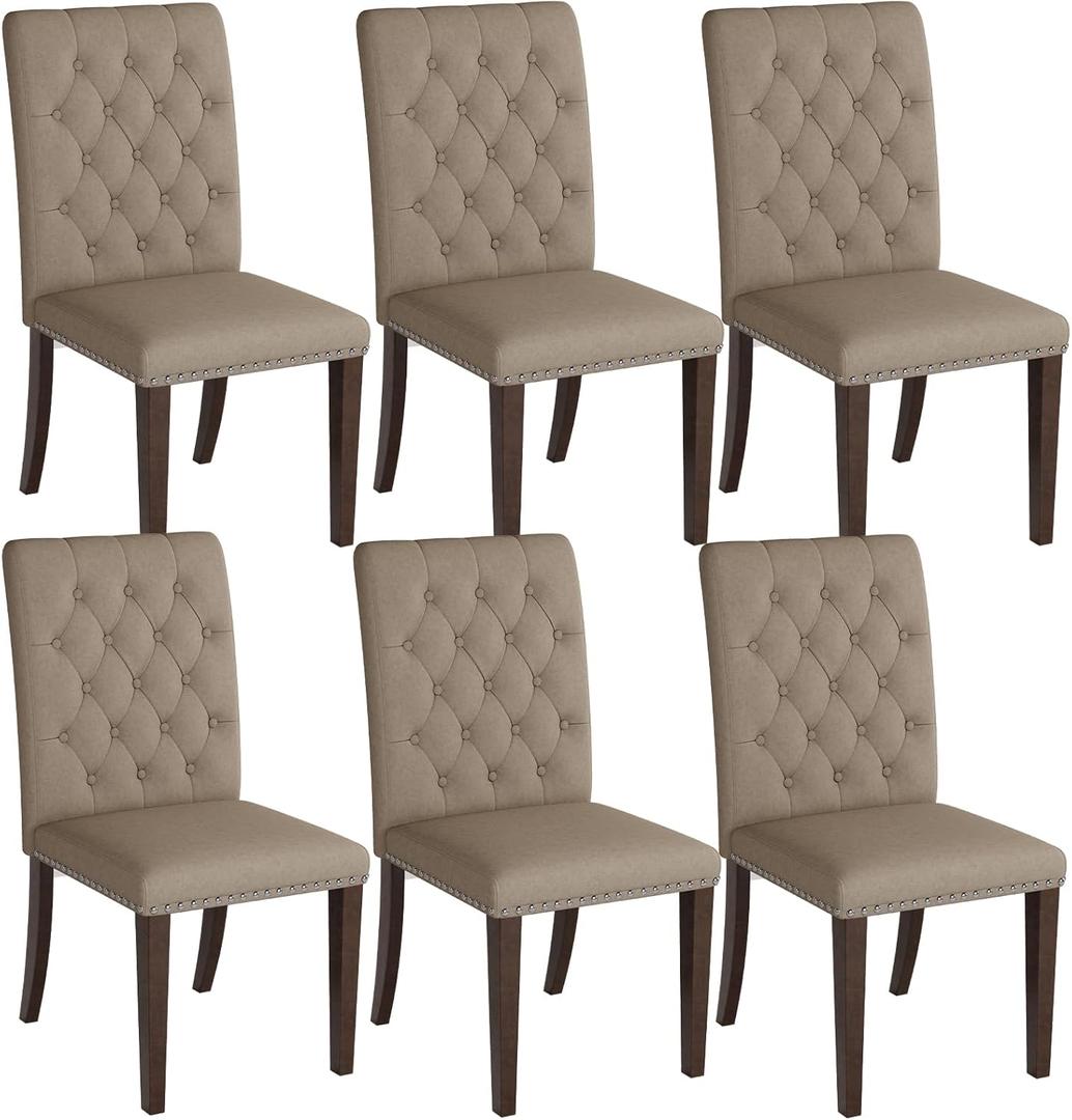 Tufted Dining Chairs Set of 6, High-end Dining Room Chairs with Solid Wood Legs (Natural Linen, Set of 6)