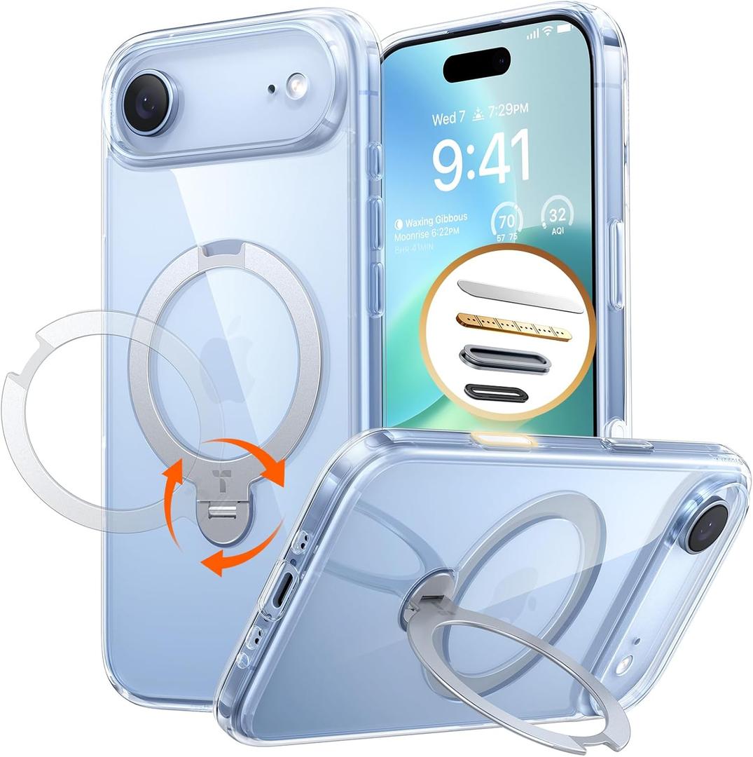 TORRAS Q3 Spin for iPhone Air Case, Patented 360 Magnetic Stand, Fit for MagSafe, Built-in Ring Holder Kickstand, Rugged Military-Grade Protective Case for iPhone 17 Air, Camera Control Button, Clear