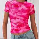 2 x BTFBM Womens Sheer Mesh Summer Tops 2025 Crewneck Short Sleeve Print Ruched Crop Top Slim Fit Club Going Out T Shirts (Pink, S)