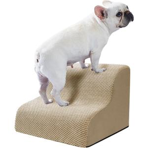 Ryoizen Dog Stairs for Small Pets, 2 Tiers Steps for Bed Couch up to 14'', High Density Foam Ramp Ladder for Puppy, Cat, Waterproof Non-Slip Pet Steps, Tan