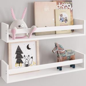 Ballucci Set of 2 Wall Mount Bookshelves, Wood Floating Wall Shelves with Towel Bar Rack for Nursery, Kitchen, Living Room, Bedroom, Bathroom, Office, 23 Inch, White