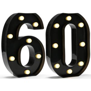 Pooqla Decorative Led Light Up Number Letters, Black Plastic Marquee Number Lights Sign for 60th Birthday Party Wedding Decor Battery Operated Black Decoration 60