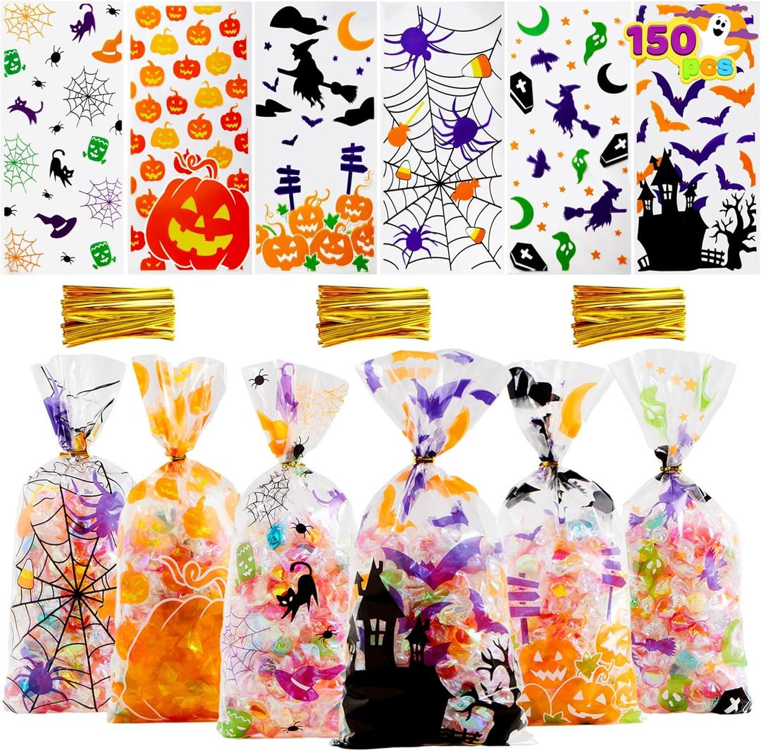JOYIN 150 PCS Halloween Cellophane Candy Bags, Clear Treat Bags with Twist Ties, Halloween Trick or Treating Goodie Bag, Non Candy Cookie Bag Bulk for Kids Classroom Party Favors Supplies in 6 Design