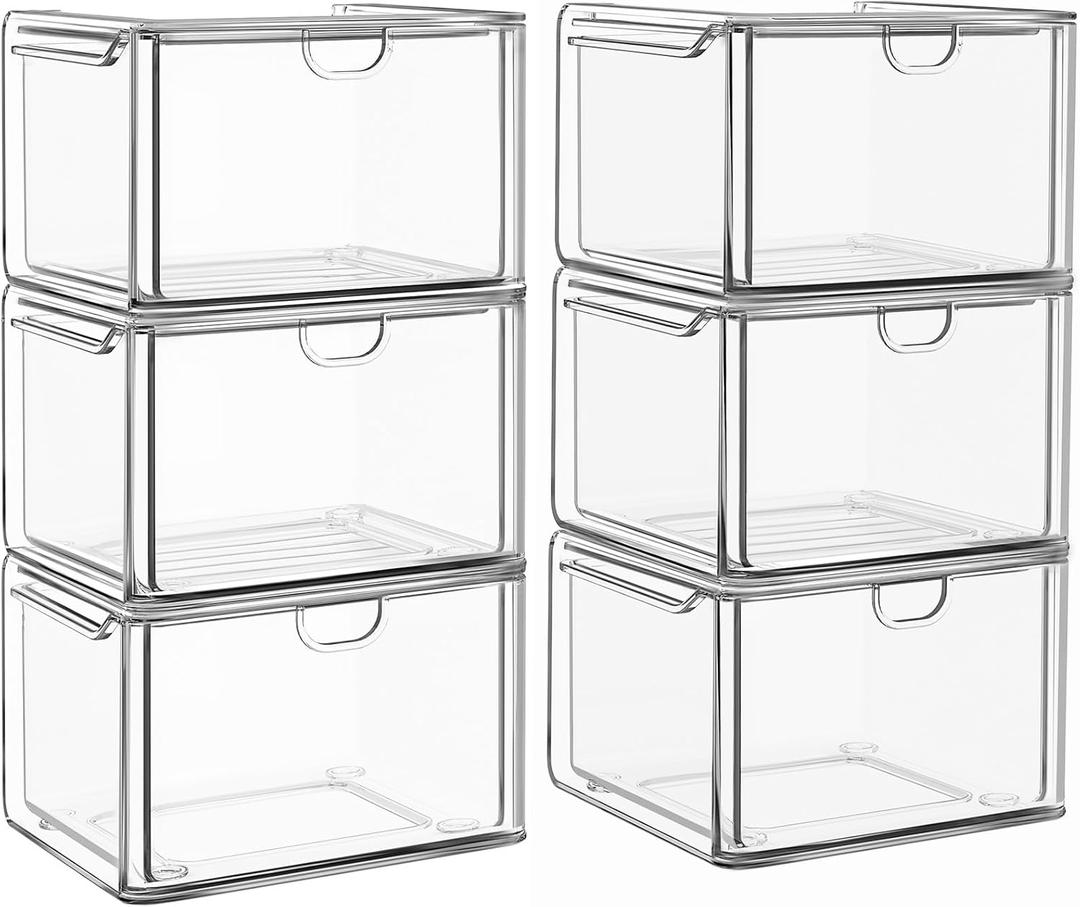 6 Pack Small Stackable Stroage Drawers, Acrylic Bathroom Makeup Organizer, Plastic Storage Bins For Vanity, Undersink, Kitchen Cabinets, Pantry, Home Organization