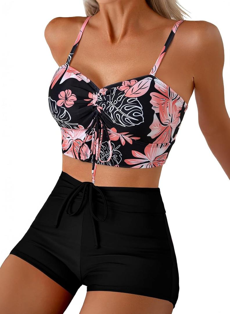 Herseas Modest Swimsuits for Women Tummy Control High Waisted Bikini Full Coverage Set Swim Shorts Sporty 2 Piece Bathing Suit Fashion Beachwear Black XX-Large