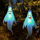 Halloween Decorations Outdoor: 2 Pcs Cute Hanging Ghosts for Tree, Porch, Garden, Yard - Waterproof Colorful LED Ghost Decor with Timer