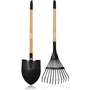 Kids Garden Tool Set, 2-Piece Rake and Shovel with Wooden Handles, 28 Inch Long, Black Metal Gardening Tools for Boys and Girls Digging Sand, Outdoor Toy Gifts for Sandbox