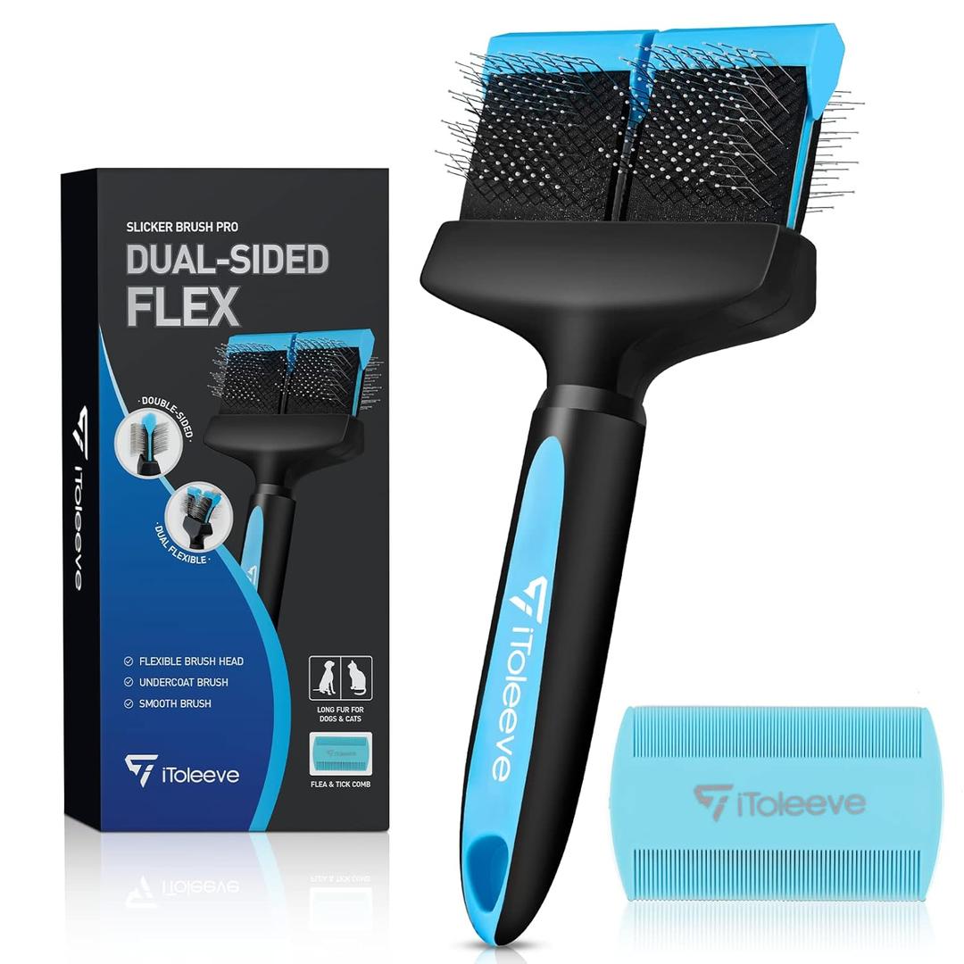 iToleeve Dual Flex Slicker Brush Dog Brush, Gentle Grooming Tool for Sensitive Dogs & Cats - Ideal for Long Hair, Removes Undercoat, Tangles, and Knots