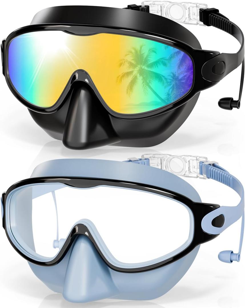 Aegend Swim Goggles with Nose Cover, 2 Pack Wide View Swimming Mask Anti-Fog/UV (Small for Kids, 04-black & Light Blue)