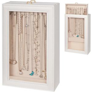 Necklace Organizer Box - 2-Layer Double-Sided Clear Lid Jewelry Storage Case, Anti-Tangle Necklaces Display Holder for Pendants Bracelets, Jewelry Organizer for Women Girls (White)