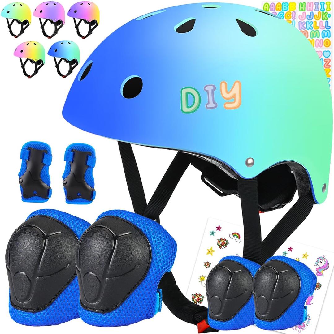 Color Gradient Kids Bike Helmet and Pads Adjustable Helmet for Kids Protective Gear Set with Elbow Knee Pads Wrist Guards for Cycling Bicycle (Medium: 21.7"-22.8" /55-58cm, BlueBlueGreen-2)