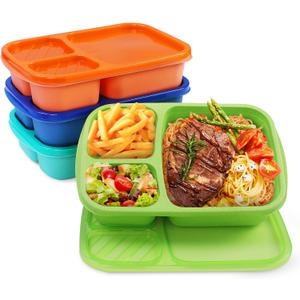 Buluker 4 Pack Bento Lunch Box Set 3 Compartment Wheat Straw Meal Prep Food Storage Containers Plastic, Microwave and Dishwasher SafeJewel Brights