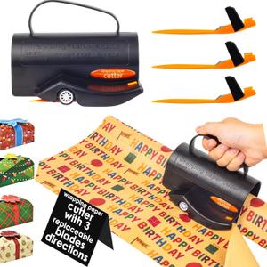 GOKALL Wrapping Paper Cutter, Paper Roll Cutter with Handle and Wheels, Suitable for Different Rolls and Papers, Include 3 Replaceable Blades, Christmas Gift Wrapping Tools, Black