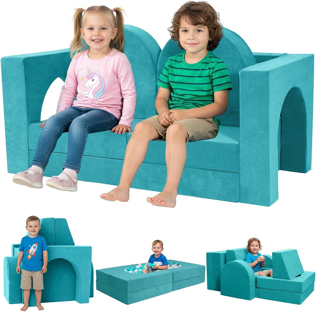 Fvkind 10Pcs Modular Kids Play Couch with Foam and Washable Cover Teal Blue | Foam Kids Play Couch for Playroom, Convertible Sectional Toddler Sofa, Multifunctional kids Sofa Building Fort for Boys Girls