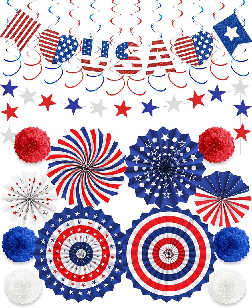26 Pcs 4th of July Decorations Outdoor, Patriotic Decorations LOVE USA Banner Red White Blue Paper Fans Hanging Swirls Pompoms Independence Day Decor for Veterans, Memorial, Fourth of July
