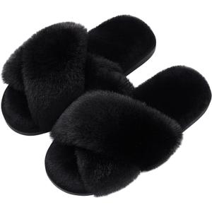 Evshine Women's Fuzzy Slippers Cross Band Memory Foam House Slippers Open Toe (7-8, Black)