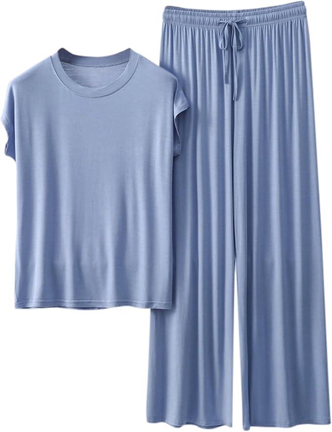 Two Piece Pajama Set For Women Pants Short Sleeve Pullover Tops Outfits Summer Fall Casual Loose Lounge Sets Pj XX-Large, Light Blue 