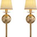 Set of 2 Gold Wall Sconce Light Fixtures, 1-Light Mid Century Modern Vanity Lighting with Conical Fabric Shade, Graceful Curved Iron Arm, Crystal Accent, Indoor Classic Wall Mounted Lamps (Linen)