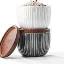 Ceramic Salt and Pepper Bowls: 10 oz Stackable Spice Cellar with Wooden Lid - Stacked Seasoning Storage Containers for Kitchen Countertop - Grey & White, Set of 2