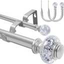 1 Inch Modern Silver Double Curtain Rod Set - Tension rods for windows 28 to 48 inchs with Holdbacks and Crystal Finials -BHSRODS Home Double Window Rods for Living Room & Bedroom