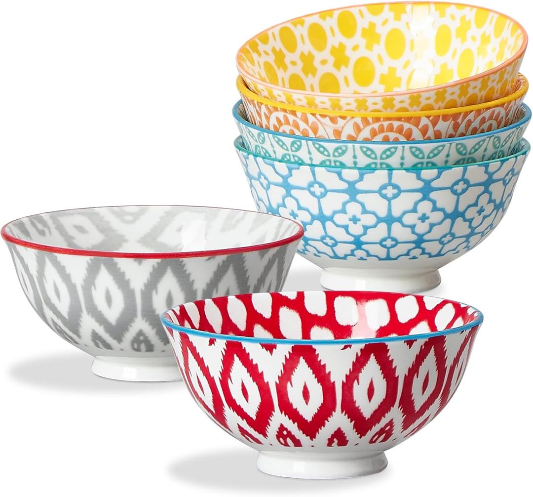 ONEMORE 10 oz Porcelain Cereal Bowls Set of 6 - Ceramic Bowls for Soup, Ice Cream, Breakfast - Microwavable Dishwasher & Oven Safe, Small Dinner Bowl, Stackable Artistic Bowl- Assorted Colors
