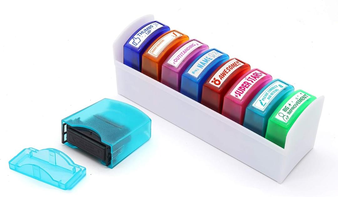 RELIANCER 8PCS Teacher Stamp Set,Colorful Self-Inking Motivational Classroom Stamper for Grading,Encouraging Rating Stamp Student,Parent Signature Stamps for Homework,School Homeschool Reward Supplies