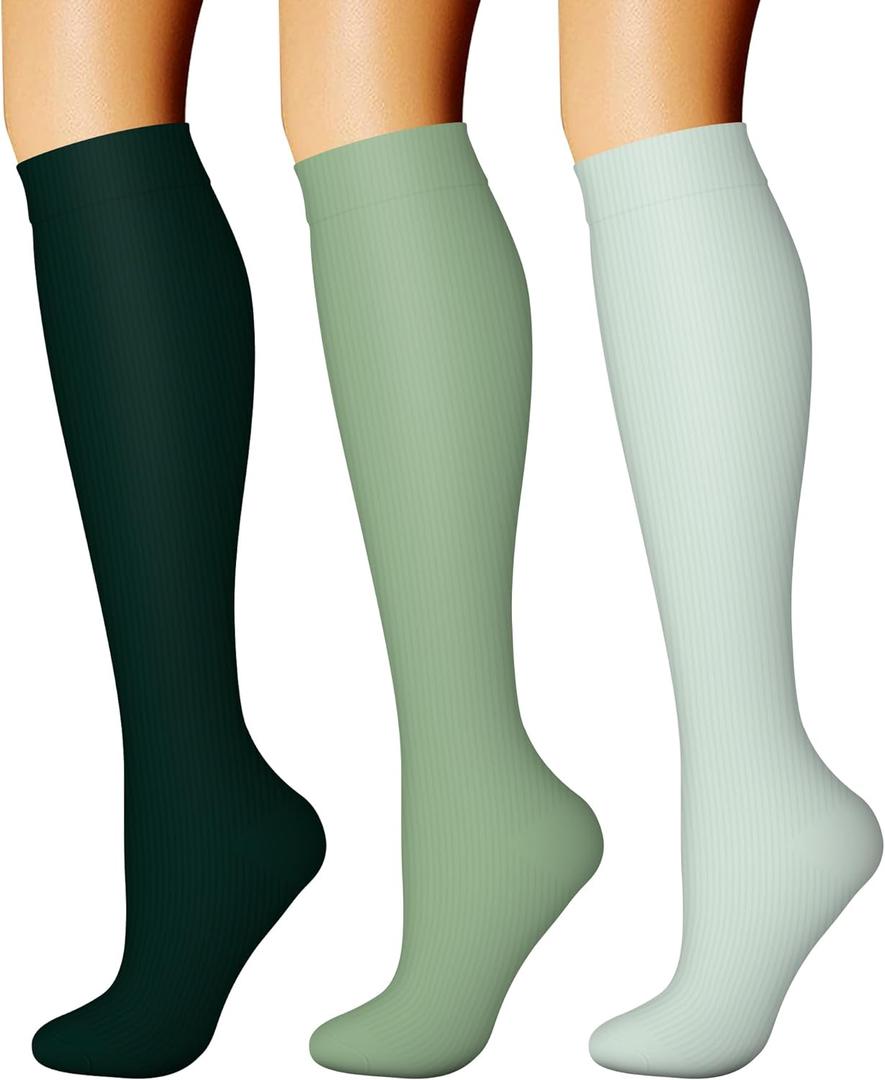 CHARMKING Compression Socks for Women & Men Circulation (3 Pairs) 15-20 mmHg is Best Support for Athletic Running Cycling (Small-Medium, 37 Dark Green/Green/Light Green)