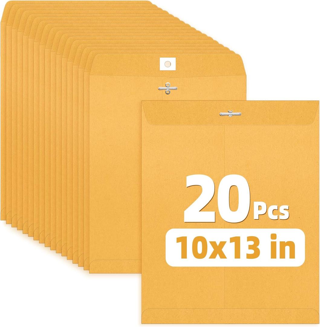 SUNEE 10x13 Clasp Envelopes 20 Count - 10x13 Inch Brown Kraft Envelopes with Clasp Closure  for Home, Office, Business, Legal or School, Great for Filing, Storing or Mailing Documents